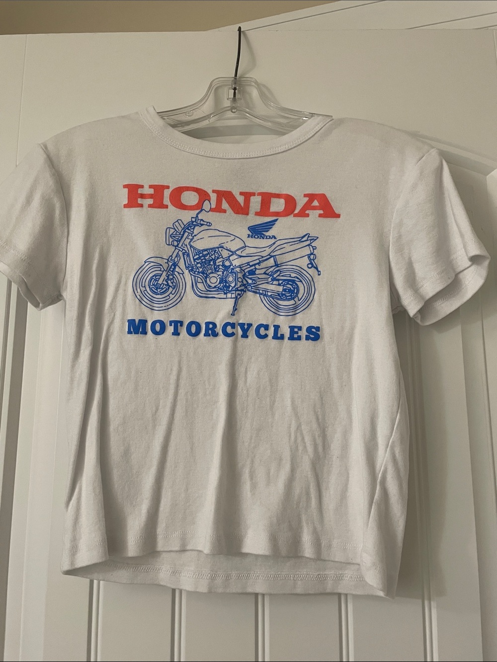 Honda White Crop Tee with Red & Blue Motorcycle Graphic
